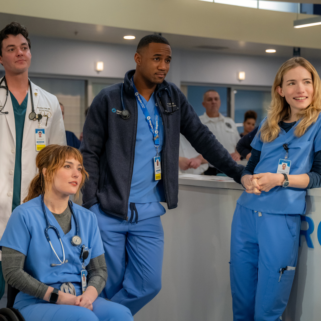 (L-R) Jessica Rothe as Cass Himmelstein, Jack Bannon as Dr. Tom Cole, Jessy Yates as Harper, Jessie T. Usher as Sam Elijah, and Willa Fitzgerald as Danny in Episode 101 of Pulse.