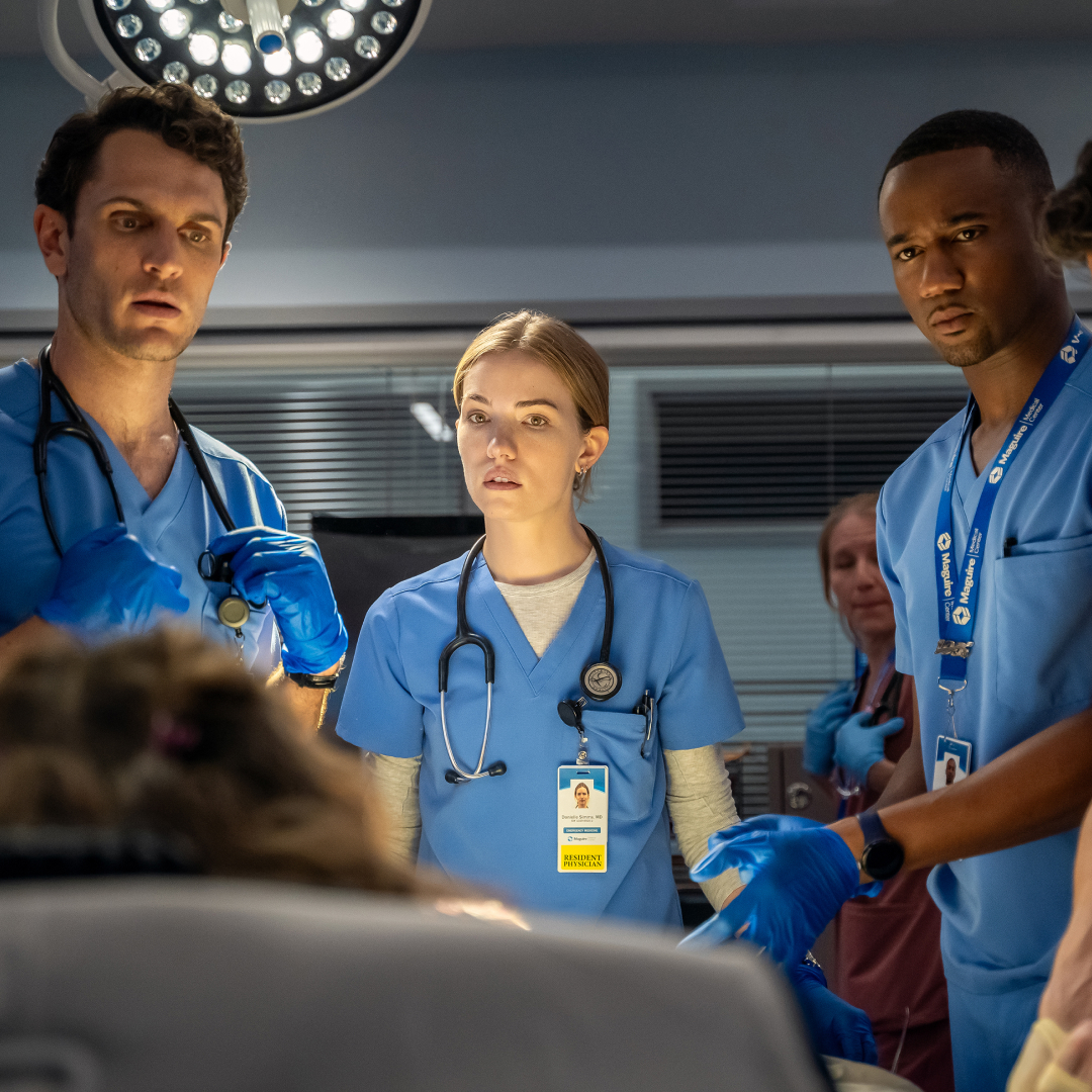 (L-R) Colin Woodell as Xander Phillips, Willa Fitzgerald as Danny Simms, Jessie T. Usher as Sam Elijah, and Arturo Del Puerto as Luis Dominguez in Episode 109 of Pulse.