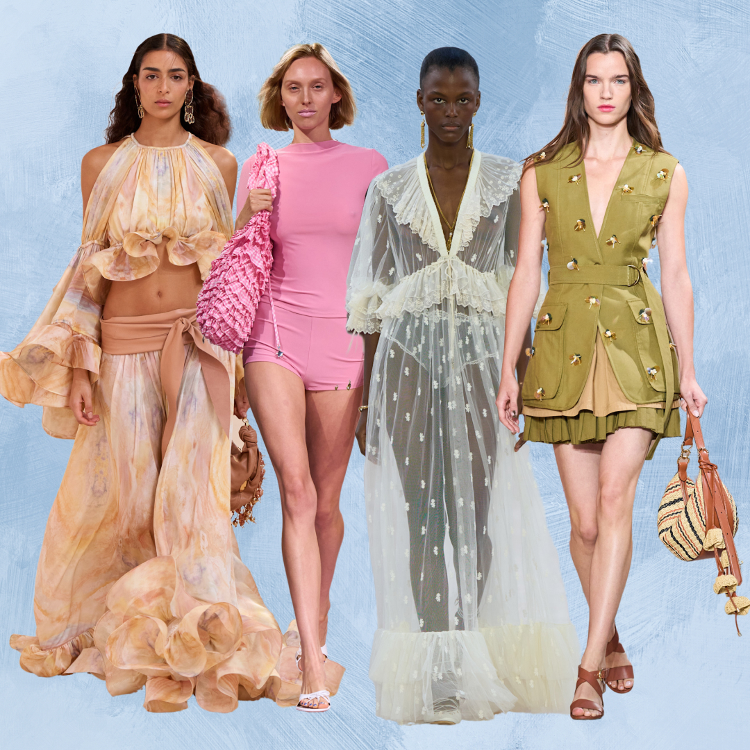 collage of models wearing summer clothes on the Spring 2025 runways 