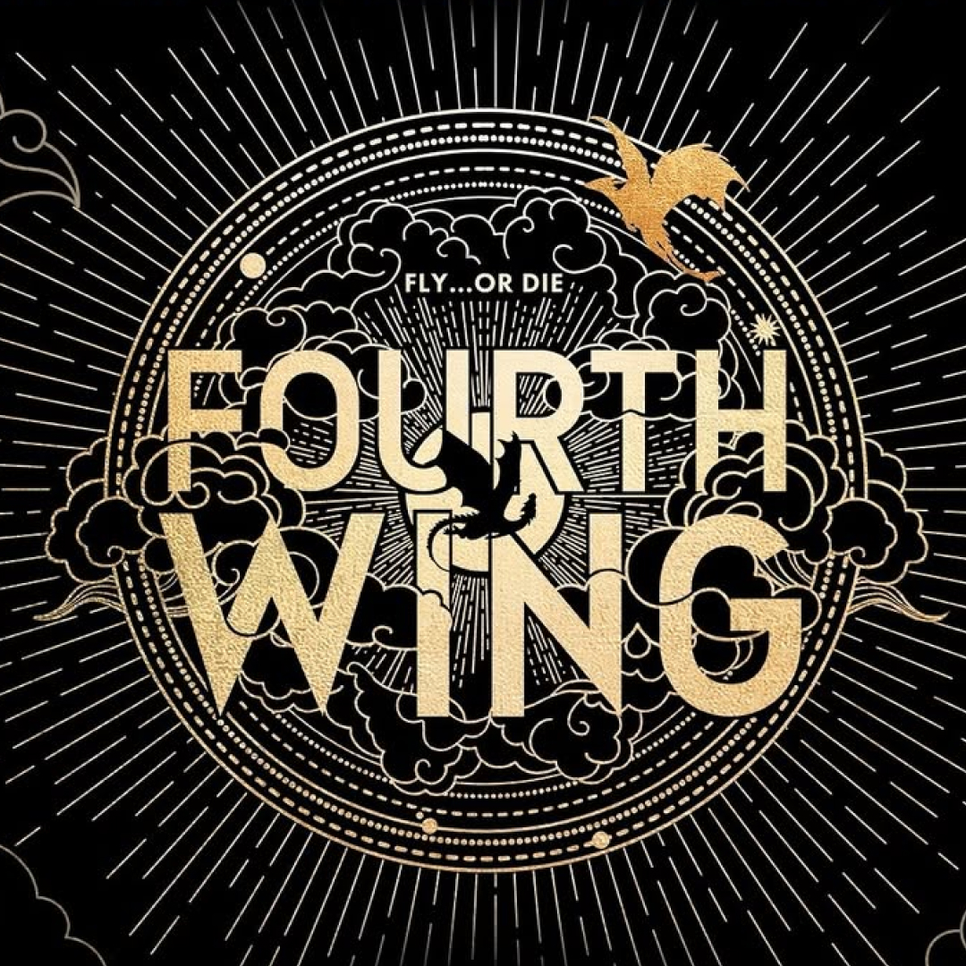 A black and gold graphic of a sun with clouds and two dragons, one gold on the circle's border, on black in the center. Text reads: "Fly...or die. FOURTH WING."