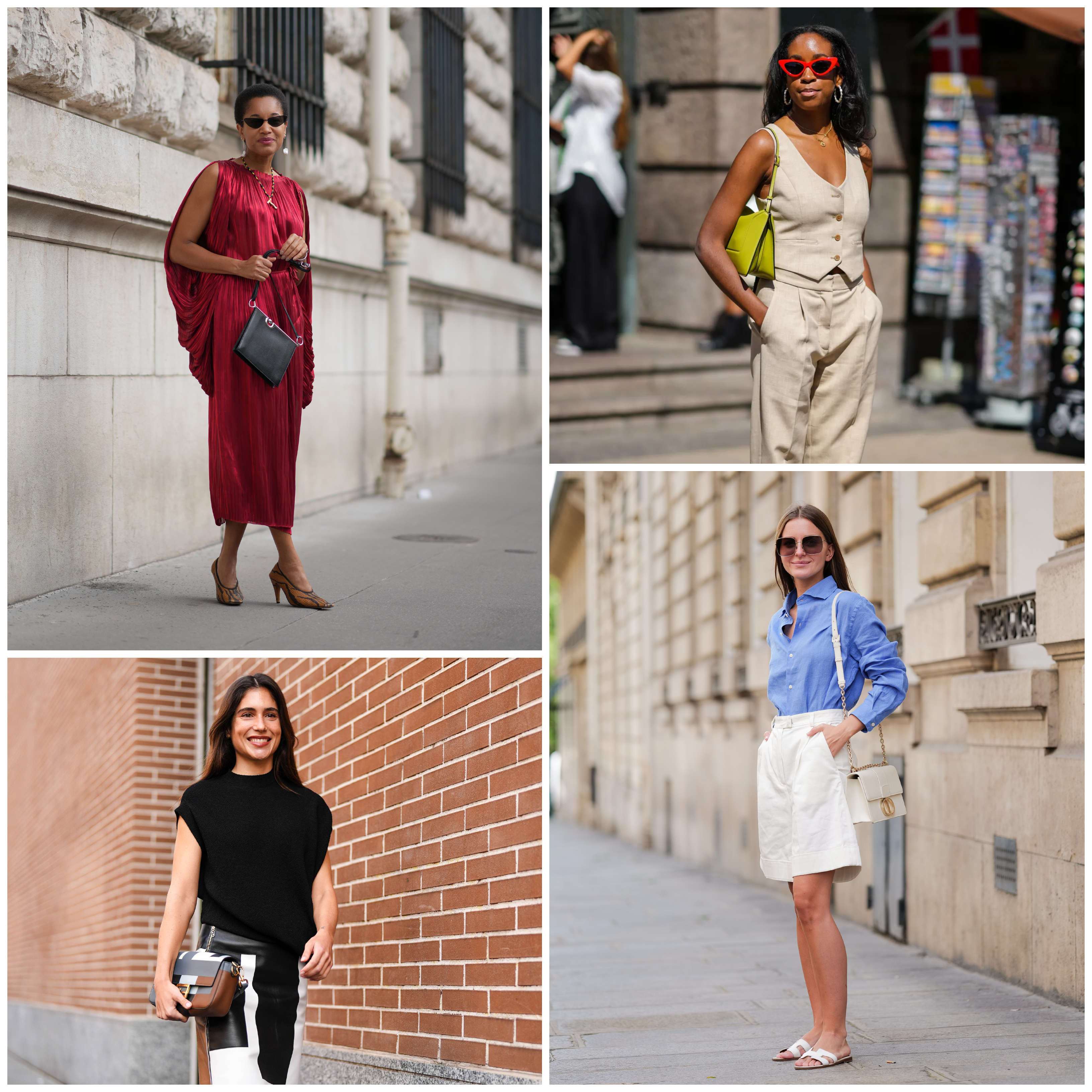 Four images of women wearing summer work outfits, including linen suits, button-down shirts, and pleated dresses