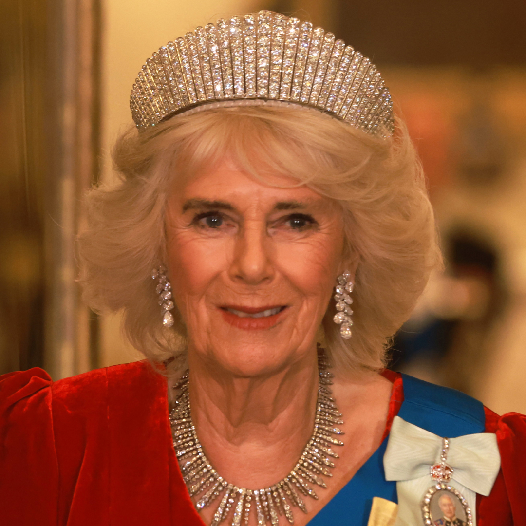 A headshot of Queen Camilla wearing a red velvet gown and diamond necklace with a huge diamond tiara