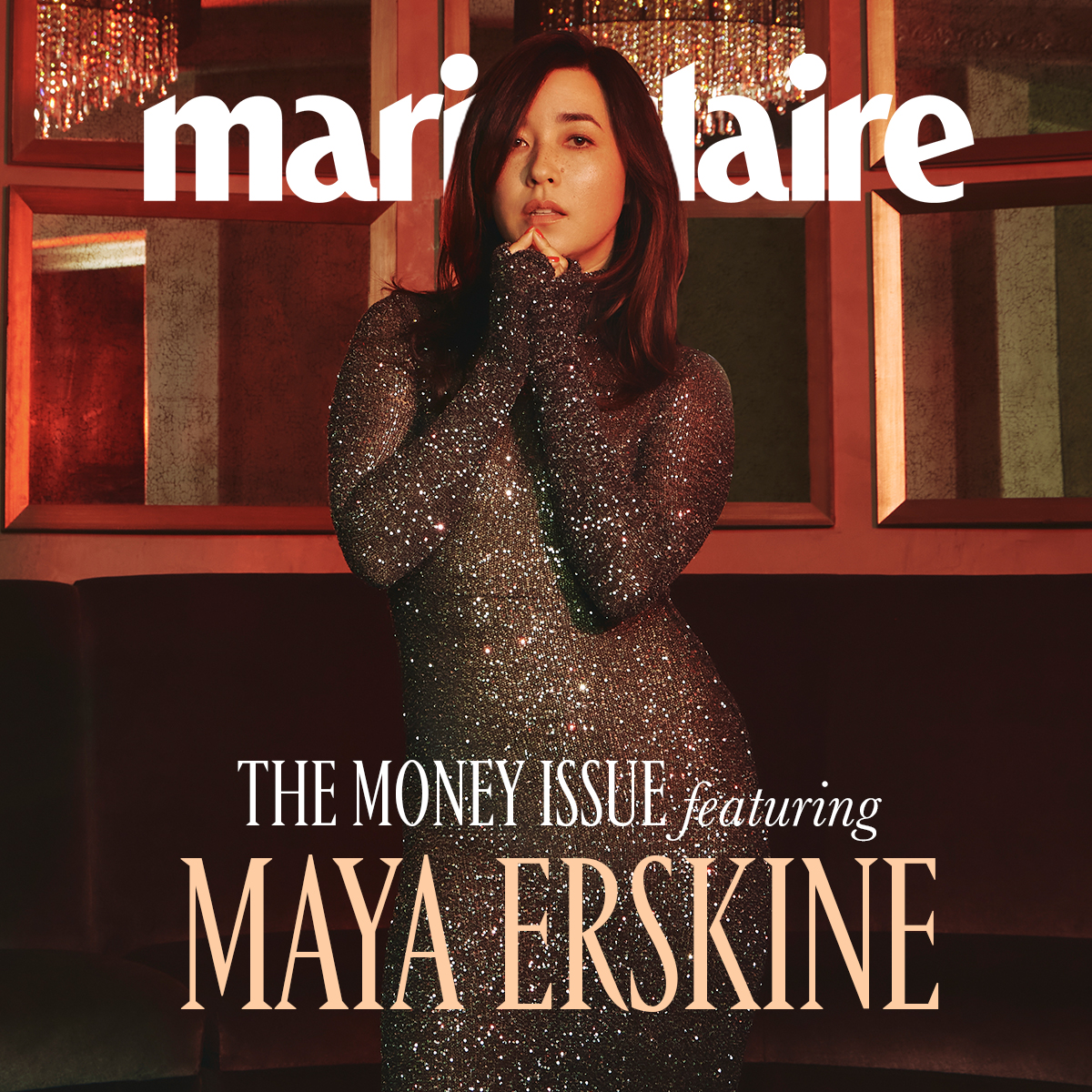 Actress Maya Erskine in a jeweled floor length Balenciaga dress