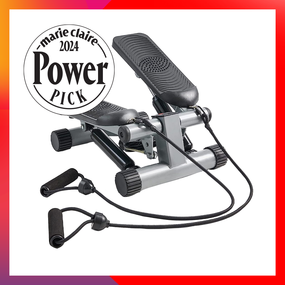 Sunny health stepper on red, purple, orange gradient background, with 2024 power pink stamp 